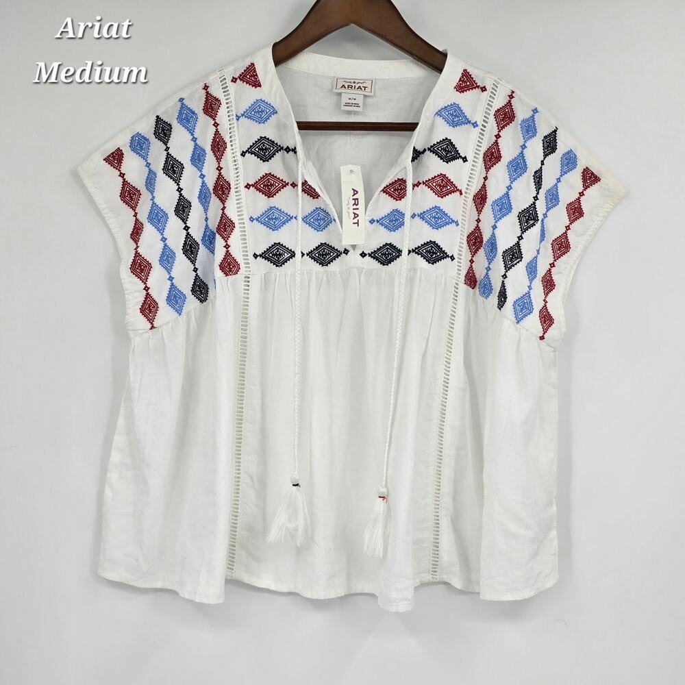 Ariat Embroidered Boho Peasant Top White Multicolor Tassel Tie Medium NWT